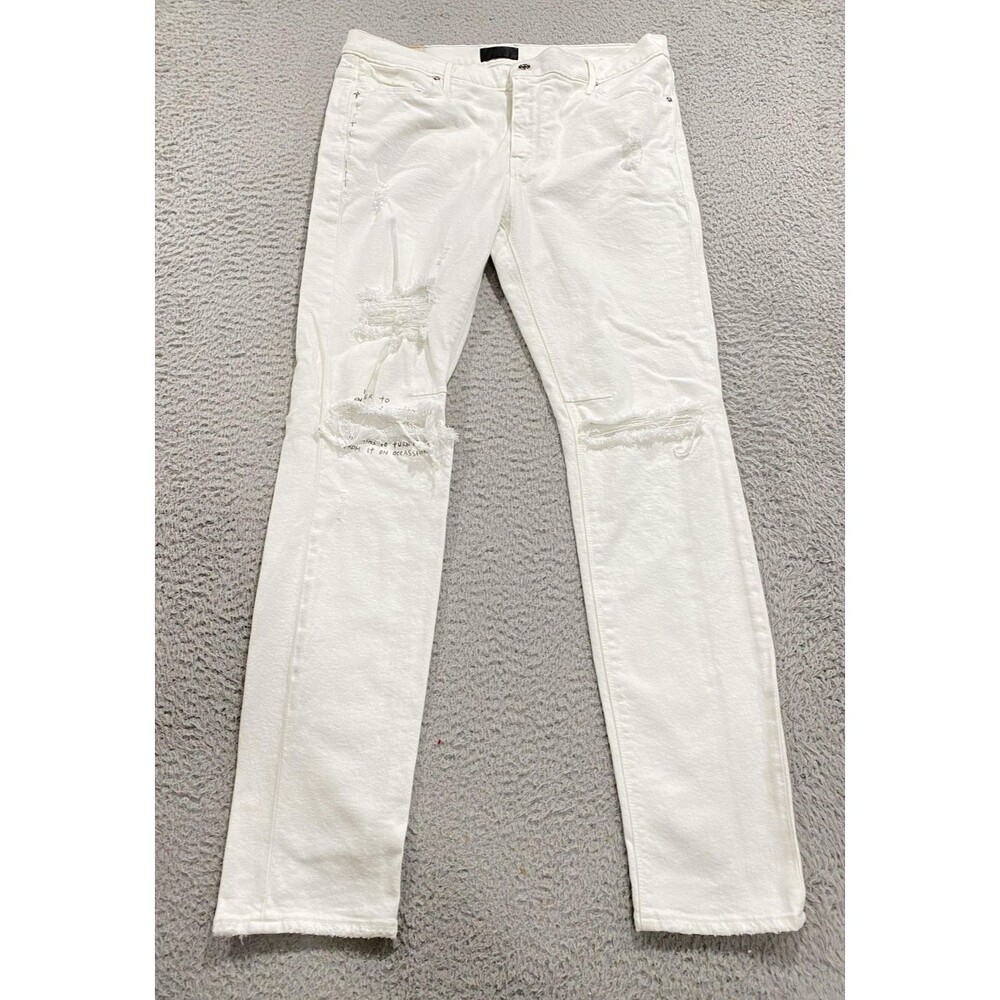 RTA Jeans Mens 36x32 White Distressed Skinny Quote Print Made In USA MH9251-1WHT